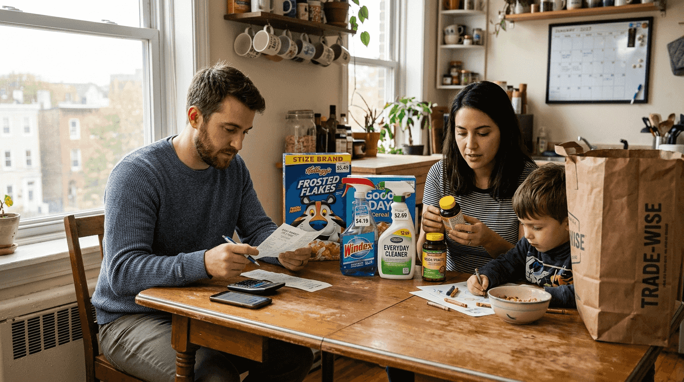 Family trying budget essentials on kitchen table