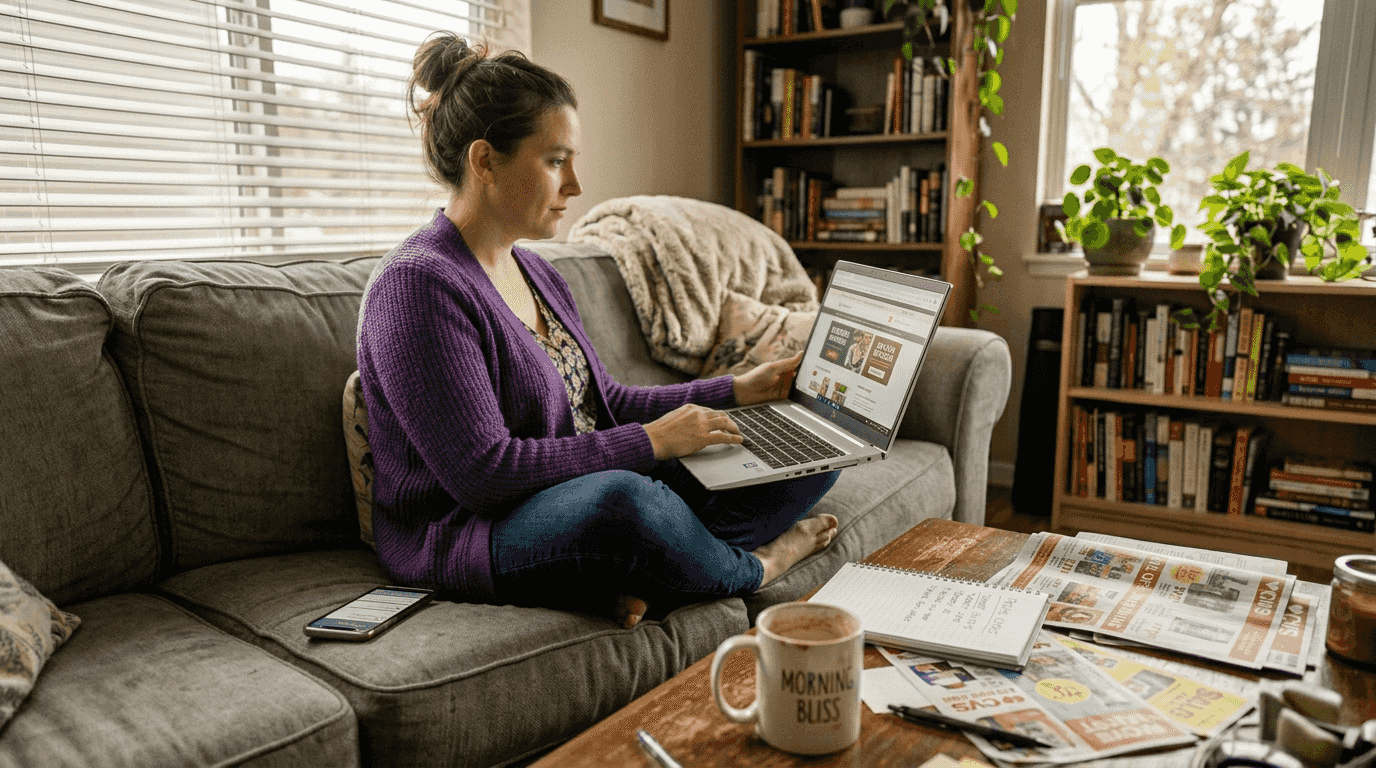 Woman searching deals laptop cozy apartment