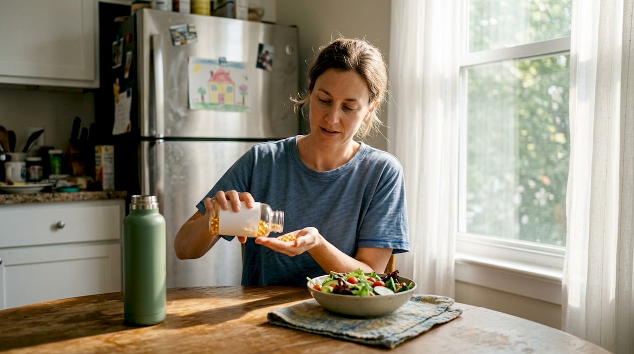 Woman preparing omega-3 supplement capsules at kitchen table