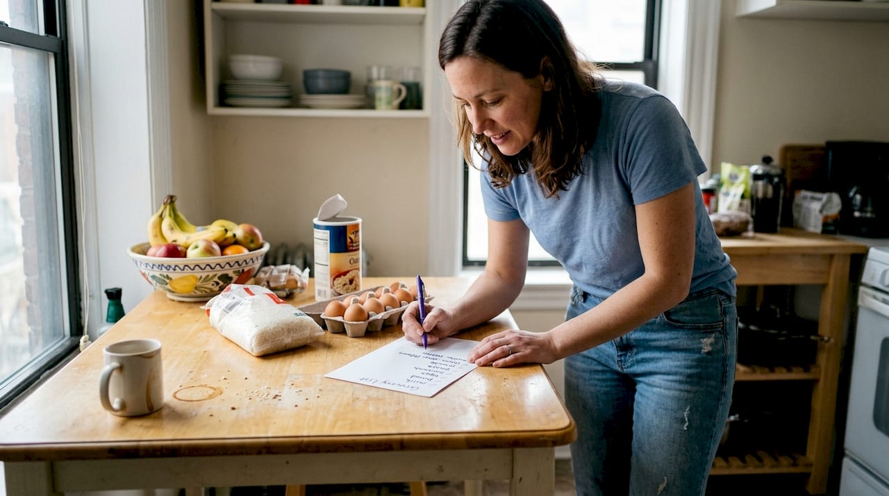 Woman organizing groceries on kitchen table