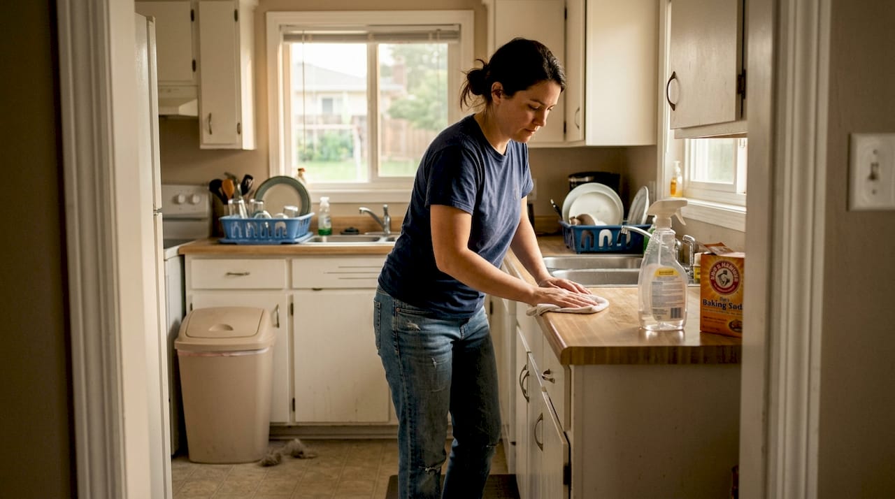 Woman cleaning kitchen in realistic home setting