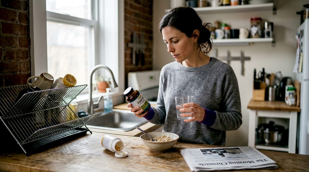 Woman reads fish oil label in kitchen
