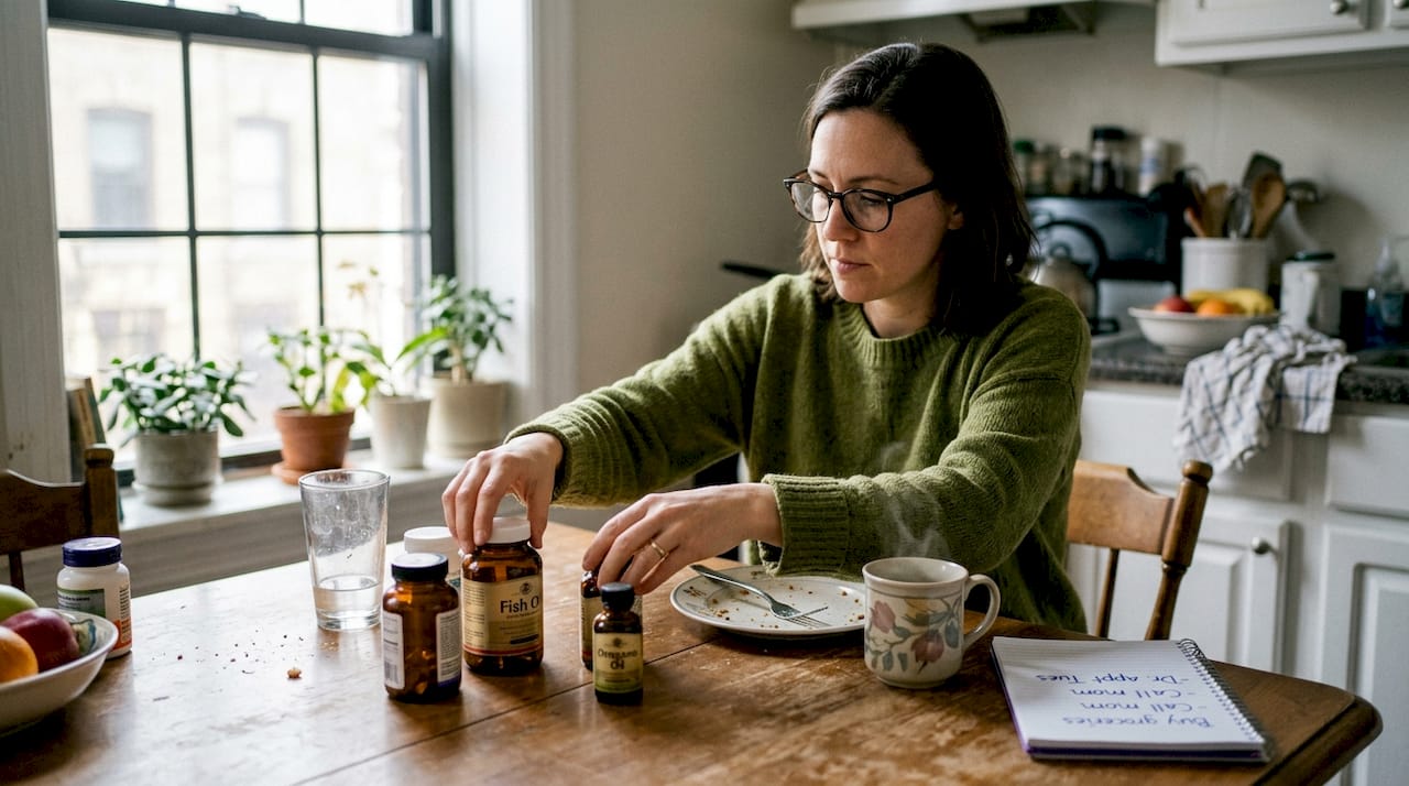 Woman sorting oil supplements at kitchen table