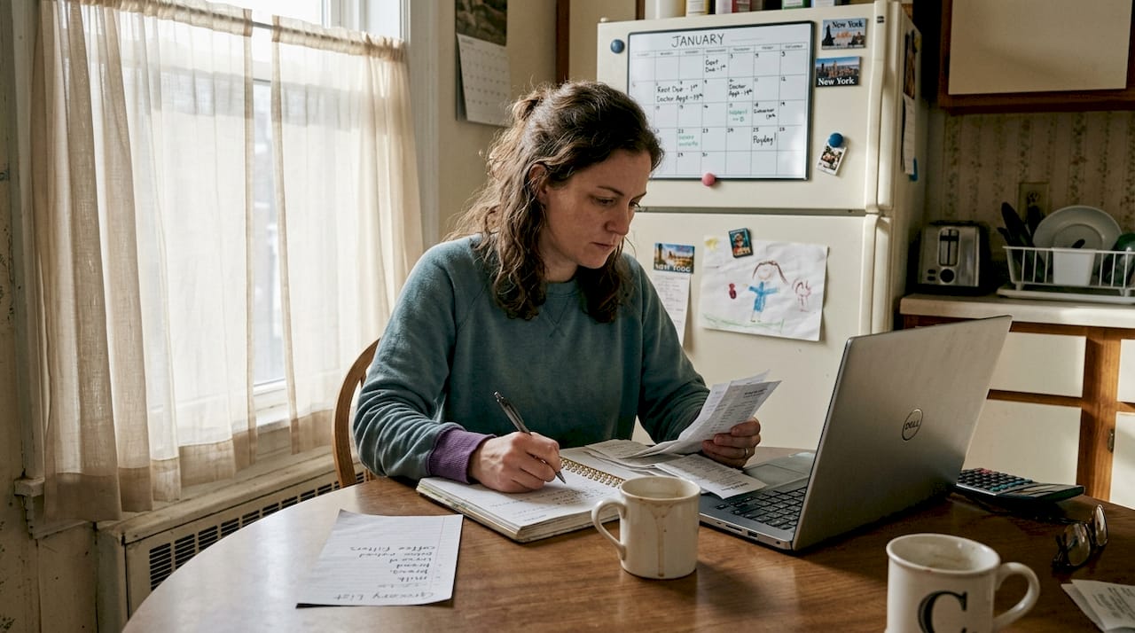 Woman budgeting essentials at kitchen table