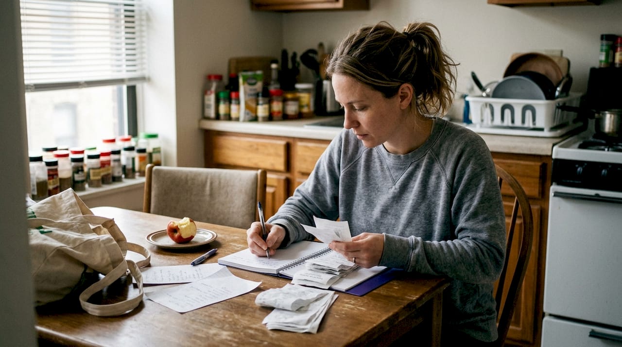 Woman tracking grocery spending at kitchen table