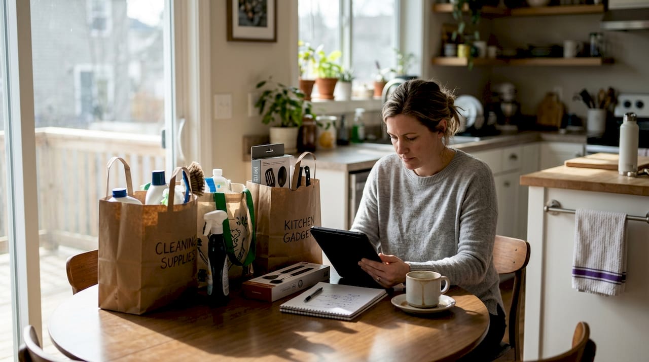 Woman checking bundled shopping deals at kitchen table