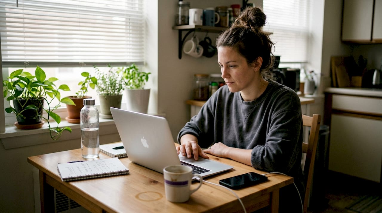 Woman browsing supplements on kitchen table