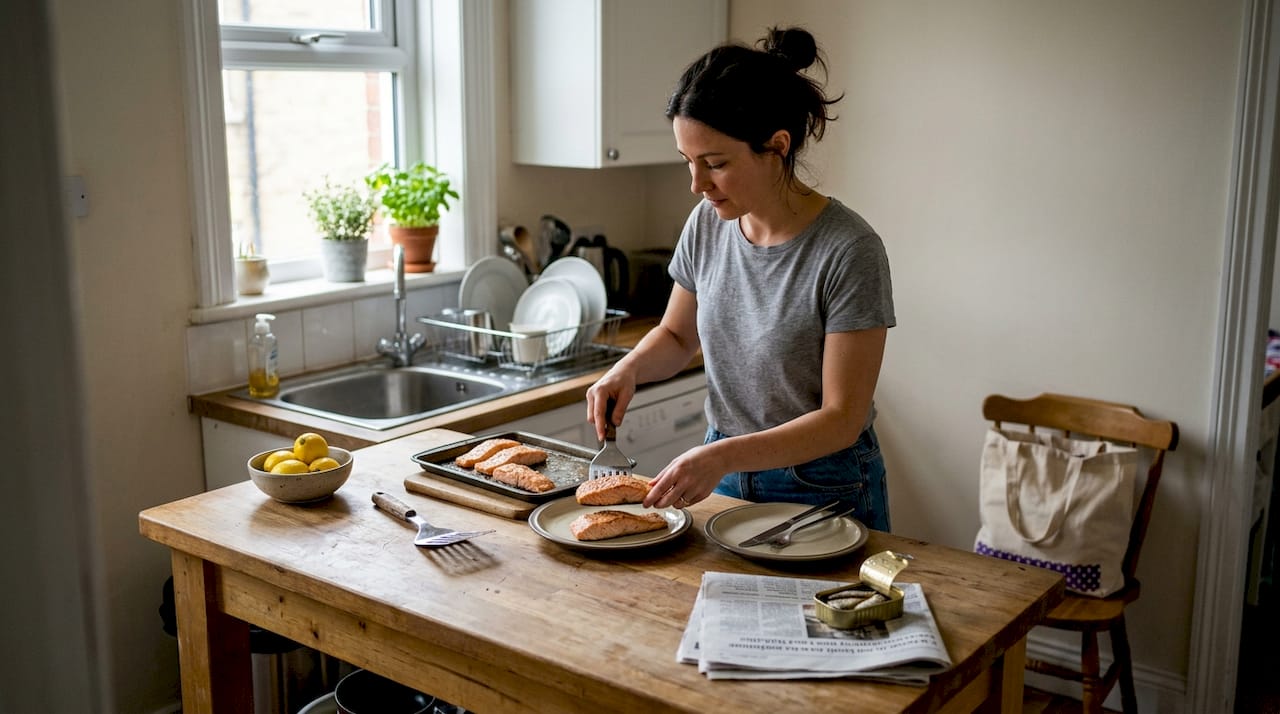 Woman prepares salmon in bright home kitchen