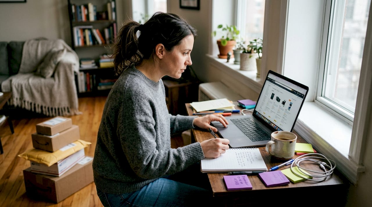 Woman comparing practical items online at home