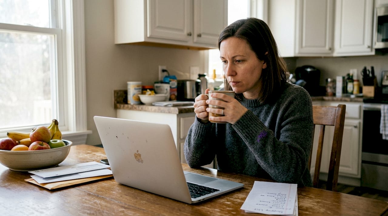Woman searching deals at kitchen table