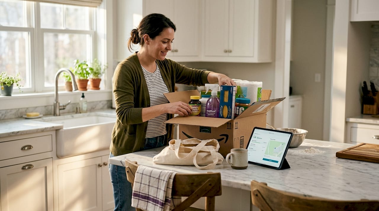 Unpacking subscription delivery box in kitchen