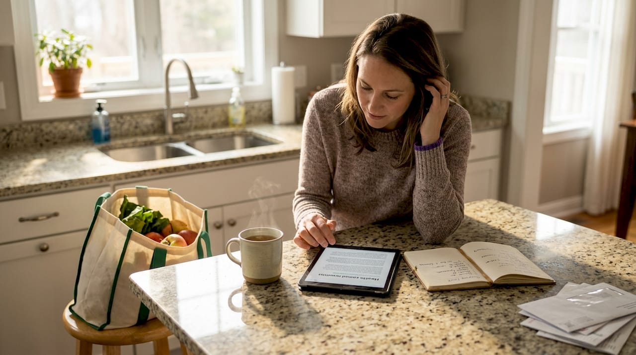 Woman checking newsletter in bright kitchen