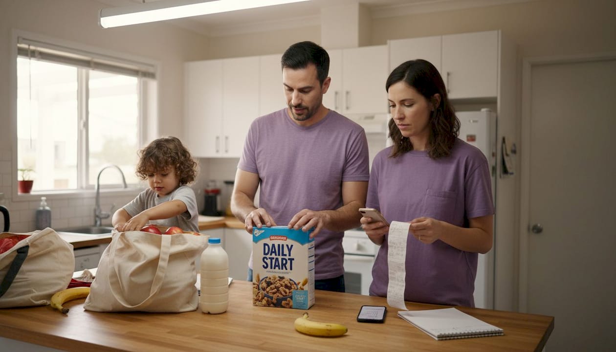 Family unpacking daily value groceries in kitchen