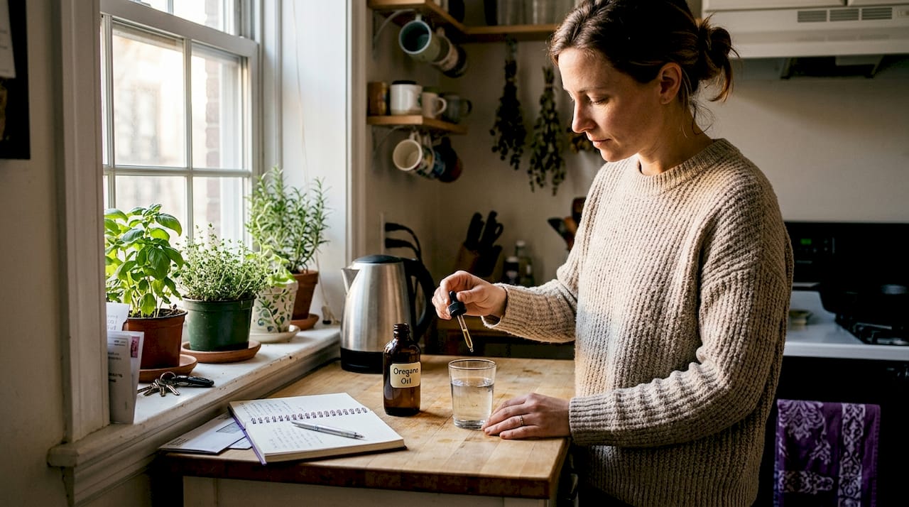 Woman preparing oregano oil in home kitchen