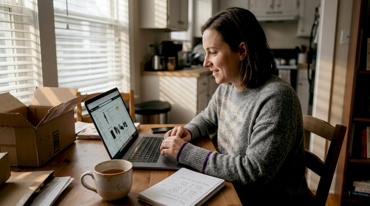 Woman checking deals on laptop at dining table