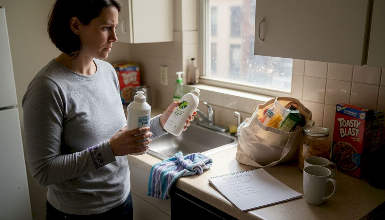 Woman compares kitchen essentials on budget