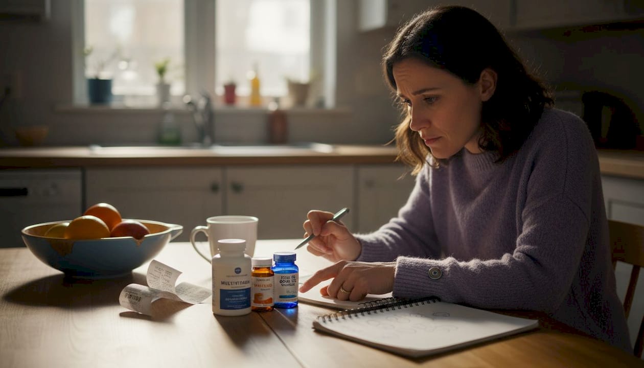 Woman checking supplement bottles at kitchen table