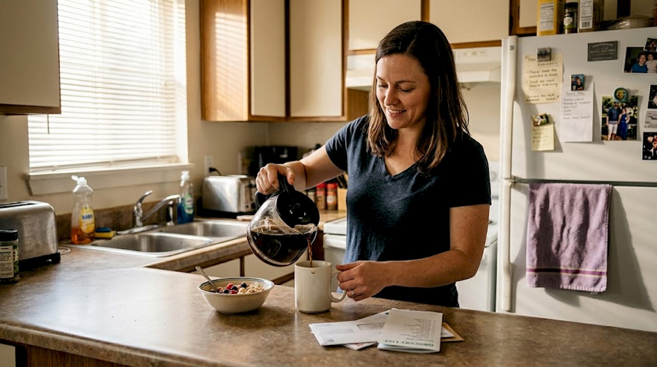 Woman preparing coffee in lived-in kitchen
