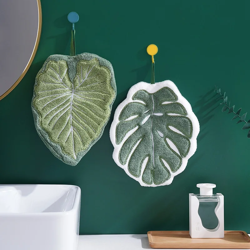 Cartoon Leaf Coral Fleece Hanging Hand Towel, Thickened Super Absorbent Handkerchief for Kitchen & Bathroom