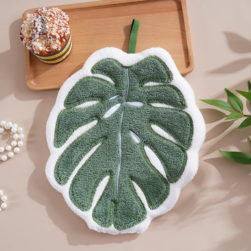 Cartoon Leaf Coral Fleece Hanging Hand Towel, Thickened Super Absorbent Handkerchief for Kitchen & Bathroom