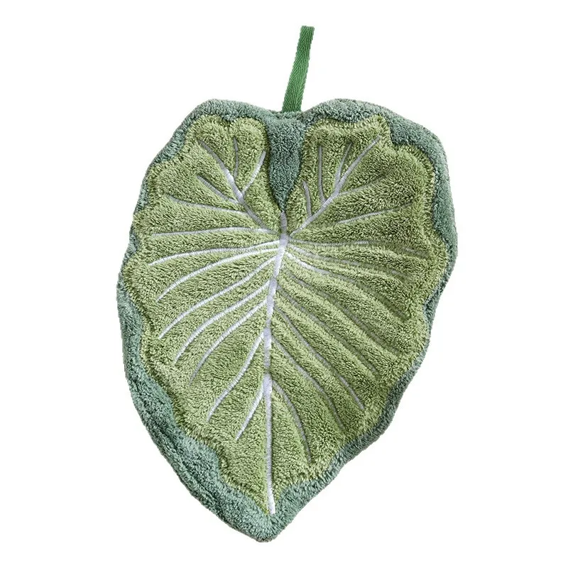 Cartoon Leaf Coral Fleece Hanging Hand Towel, Thickened Super Absorbent Handkerchief for Kitchen & Bathroom
