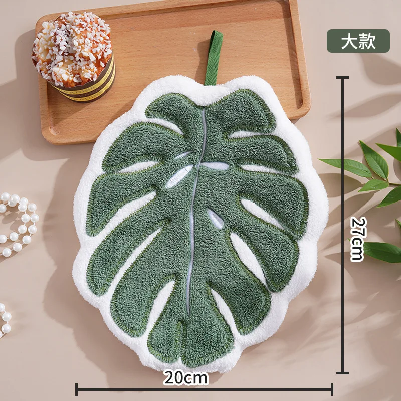 Cartoon Leaf Coral Fleece Hanging Hand Towel, Thickened Super Absorbent Handkerchief for Kitchen & Bathroom